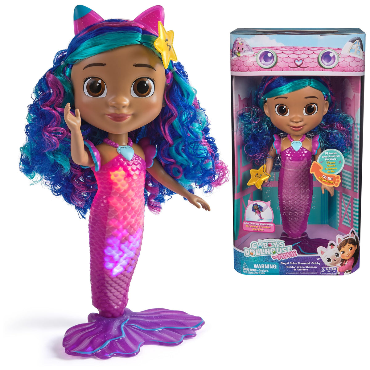 Gabby's Dollhouse The Movie, Sing & Shine Mermaid Gabby Doll Toy | 13-Inch Doll, Lights & Sounds, Waterproof Design, Interactive Roleplay, Kids Toys for Girls & Boys Ages 3 and Up