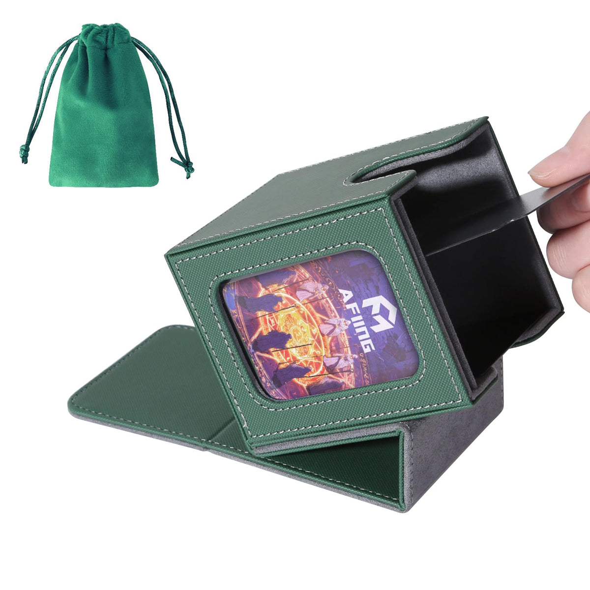 AFIING MTG Deck Box for Commander Display,Card Deck Box Fits 100 Double Sleeved Cards, Magic Commander TCG Card Storage case with 2 Dividers,Dice Bag and 1 Toploader(Green/Grey)