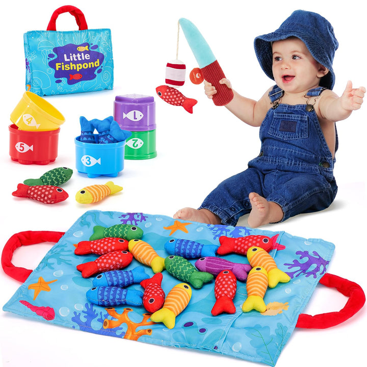 hahaland Montessori Toys for 1 Year Old Boy Girl Birthday Gift-Fishing Game | 10 in 1 Cloth Fishing Toys Toddler Toys with Stacking Cups-Number Counting, Color Sorting Learning Gifts Christmas Birthday