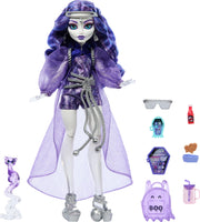 Monster High Spectra Vondergeist Doll | Ghost in Purple Clothes, Includes Pet Ferret Rhuen, 7 Accessories like Backpack, Tablet, Snacks and More