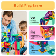 PicassoTiles 100 Piece Marble Run Magnetic Tiles Race Track STEM Ages 3+ | BPA-free ABS plastic, reinforced edges, curved slopes and U-turns, steel balls included, open-ended maze layouts, shared play