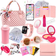 Oisacirg Play Purse with Watch, Phone, Pretend Play Toys for Girls Ages 3-8 | 32Pcs Role Play Set with Handbag, Water Bottle, Scarf, Pretend Makeup, Birthday Gifts, Mom-Daughter Bonding, Multi-Scene Play