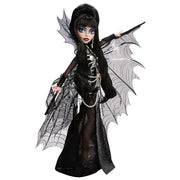 Monster High Skullector Elvira, Mistress of the Dark Doll | Elvira Collectible in Black Faux Leather Dress with Silvery Batwing Cape and Premium Accessories, Doll Stand
