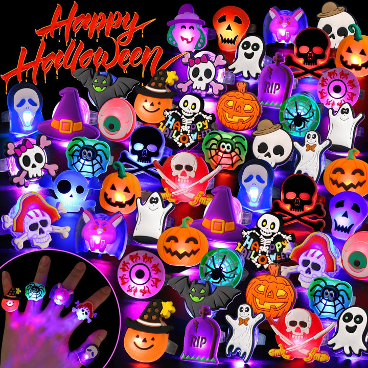 Halloween Party Favors 50Pcs Trick or Treats Halloween Toys for Kids | Halloween Party Favors for Kids & Adults, Non‑candy Gift Bag Fillers, Light Up Rings for Halloween party supplies
