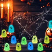 DULEFUN 100pcs Halloween Mini Ghosts Figures, Luminous Small Little Resin Ghost Figurines to Hide Glow in The Dark Tiny Statue for Halloween Party Favors Dollhouse Decorations Toys