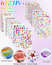 6124Pcs Gem Stickers-Self-Adhesive Face Jewelry Stickers, Acrylic Gems DIY Crafts, Sparkling Heart-Shaped Rhinestone for Kids, for Party & Holiday Supplies