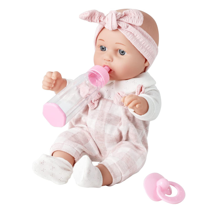 Enjoyin 12'' Baby Doll in Gift Box with Pink Cloths, Pacifier, 13''x13'' Microfabric Blanket, and Feeding Bottle. Gift Idea for Kids