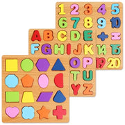 Wooden Puzzles for Kids Ages 3-5, 3 Pack ABC Number and Shape Learning Toys | 3 wooden puzzle board with ABC letters, numbers and colorful shapes for preschool learning, matching and fine motor skills