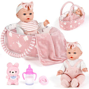 Dreamon Baby Doll Set 12" Baby Doll with Feeding & Caring Accessories, Pink | 11Pcs Doll Playsets with Carrier Bassinet Bed, Bedtime Pretend Play First Baby Doll Toy for 3 4 5 Year Old Girl Birthday Gift