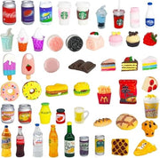 50 Pcs Miniature Food Drink Bottles Soda Pop Cans Pretend Play Kitchen Game Party Accessories Toys Hamburg Cake Ice Cream for 1/12 Doll House (25Food+25Drink)