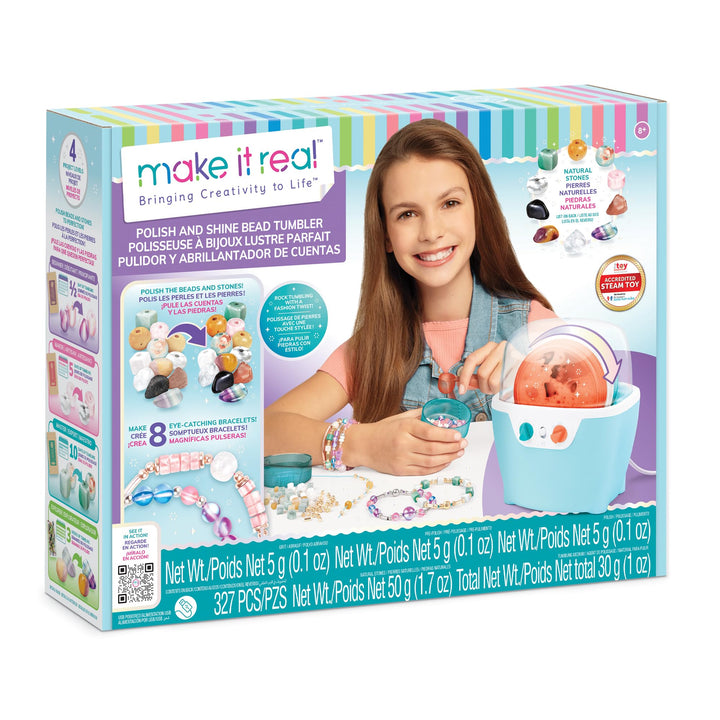 Make It Real: Rock Tumbler & Polish-Shine Bead Tumbler – 327pc Jewelry Craft Kit, Natural Stone Polishing Machine, Create 8 Bead Bracelets, Tweens-Girls-Kids 8+