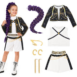 Behufun Girls Halloween Costume, Pop Singer Costume, Top Pants with Purple Braid for Cosplay Birthday Party, 4-12 Years