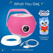 LUNA STORYTIME Kids Pink Book Projector - 5 Read Aloud Fairytale Stories, 5 Songs, Ages 3+