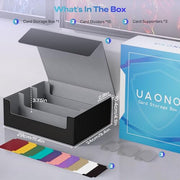 UAONO Trading Card Storage Box Holds 2400+ Cards, Bulk Card Storage | Magnetic Closure PU Leather Card Organizer with 10 Dividers & 3 Stoppers for MTG, PTCG, TCG, Sports Cards (Black)