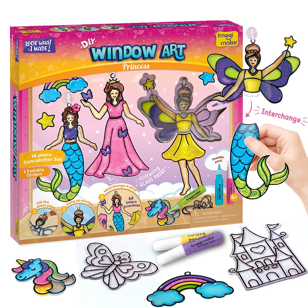 Imagimake Window Art - Princess, Mermaid, Unicorn 16 Pieces Suncatcher Kit | Stained Glass Painting Craft Activities for Kids, Creative DIY Window Clings, 5,6,7,8,9,10,12 Years Old Girls Birthday Gift