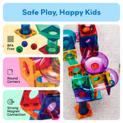PicassoTiles 100 Piece Marble Run Magnetic Tiles Race Track STEM Ages 3+ | BPA-free ABS plastic, reinforced edges, curved slopes and U-turns, steel balls included, open-ended maze layouts, shared play