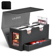 UAONO 3-in-1 MTG Commander Deck Box, Black Gray | 2 Magnetic Card Holders & 1 Dice Tray, Fits 200 Double Sleeved, Card Organizer Compatible with Magic the Gathering