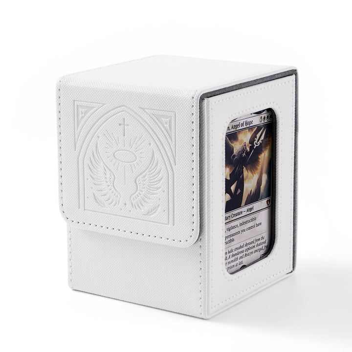 Venssu Angel Themed MTG Deck Box with Commander Display (White and Grey) | Holds 120 Single/100 Double-Sleeved Cards, Fit MTG/PTCG/OPTCG Cards, Strong Magnet, PU Leather, With 2 Dividers & 1 Toploader