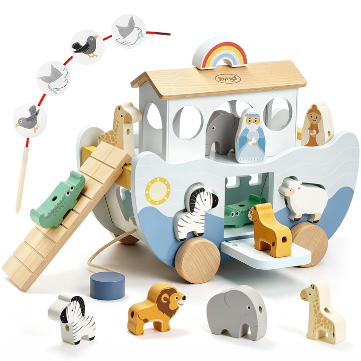 Joyreal Wooden Noah's Ark Toy for 1 Year Old Baby Boy and Girl Baptism Gift | Neutral Color, Montessori Educational Toy, Animal Shape Sorter, Christian Toys for Toddler 1-3, Christmas Birthday Gift