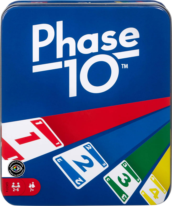 Mattel Games Phase 10 Card Game in Storage Tin for Ages 7+ | Rummy-Type Play with Color Blind Accessible Deck, for Kids, Teens and Family Game Night, 2-6 Players (Amazon Exclusive)