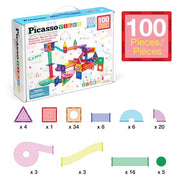 PicassoTiles 100 Piece Marble Run Magnetic Tiles Race Track STEM Ages 3+ | BPA-free ABS plastic, reinforced edges, curved slopes and U-turns, steel balls included, open-ended maze layouts, shared play