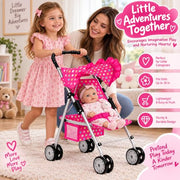 My First Baby Doll Stroller for Kids – Foldable Toy Stroller for 18 Inch Dolls with Storage Basket, Double Wheels & Canopy – Pretend Play Toy Stroller