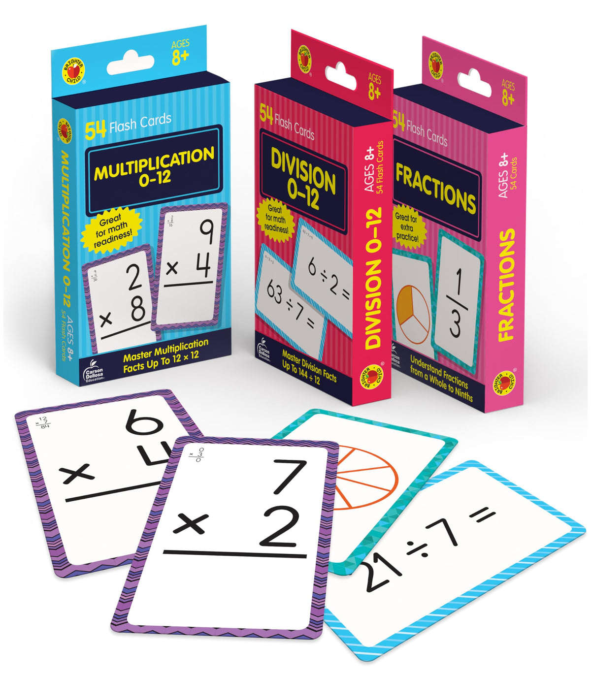 Carson Dellosa 3-Pack Math Flash Cards, Ages 8-12, Multiplication | Division, and Fractions, Math Games, Grade 3-5, Mathematics Practice, 162 cards, Educational Card Set