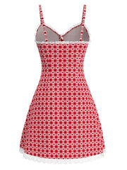 [Pre-Sale] Red 1960s Heart Cherry Plaid Lace Slip Dress