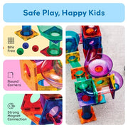 PicassoTiles 100 Piece Marble Run Magnetic Tiles Race Track STEM Ages 3+ | BPA-free ABS plastic, reinforced edges, curved slopes and U-turns, steel balls included, open-ended maze layouts, shared play