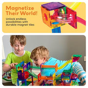 PicassoTiles 100 Piece Marble Run Magnetic Tiles Race Track STEM Ages 3+ | BPA-free ABS plastic, reinforced edges, curved slopes and U-turns, steel balls included, open-ended maze layouts, shared play