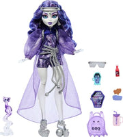 Monster High Spectra Vondergeist Doll | Ghost in Purple Clothes, Includes Pet Ferret Rhuen, 7 Accessories like Backpack, Tablet, Snacks and More