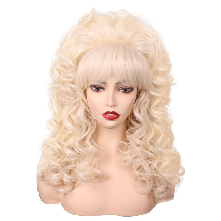 FantaLook Blonde Long Curly Wig with Bangs, Vintage Costume Wig for Women | Retro 60s 70s 80s styling wig, ideal for queen cosplay, Halloween party, disco & themed fancy dress events.