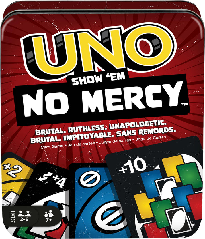 Mattel Games UNO Show ‘em No Mercy Card Game in Storage Tin,Ages 7+ | Extra Cards, Special Rules & Tougher Penalties for Kids, Teens & Family Game Night, 2-6 Players (Amazon Exclusive)