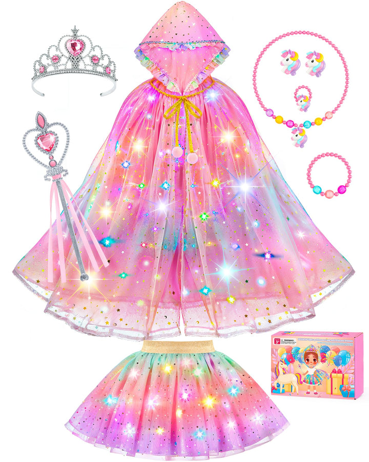 Princess Dress Up for Girls, Unicorn Light up Princess Cape Princess Dress | Costume Crown Gift for Girls 3 4 5 6 DOLNOW