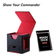 Mage Tech Card Deck Box for MTG Commander - Patented Design, Commander Display, Fits 100 Double-Sleeved Cards, 35pt Card Brick & Dice Tray - Black/Red