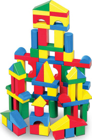 Melissa & Doug 100 Wooden Building Blocks with Storage Box | 100 Pieces, Wooden Blocks In 4 Colors & 9 Shapes, Montessori Toys, Construction Play, Toddler Learning Toys for Kids, Ages 2+