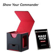 Mage Tech Card Deck Box for MTG Commander - Patented Design, Commander Display, Fits 100 Double-Sleeved Cards, 35pt Card Brick & Dice Tray - Black/Red