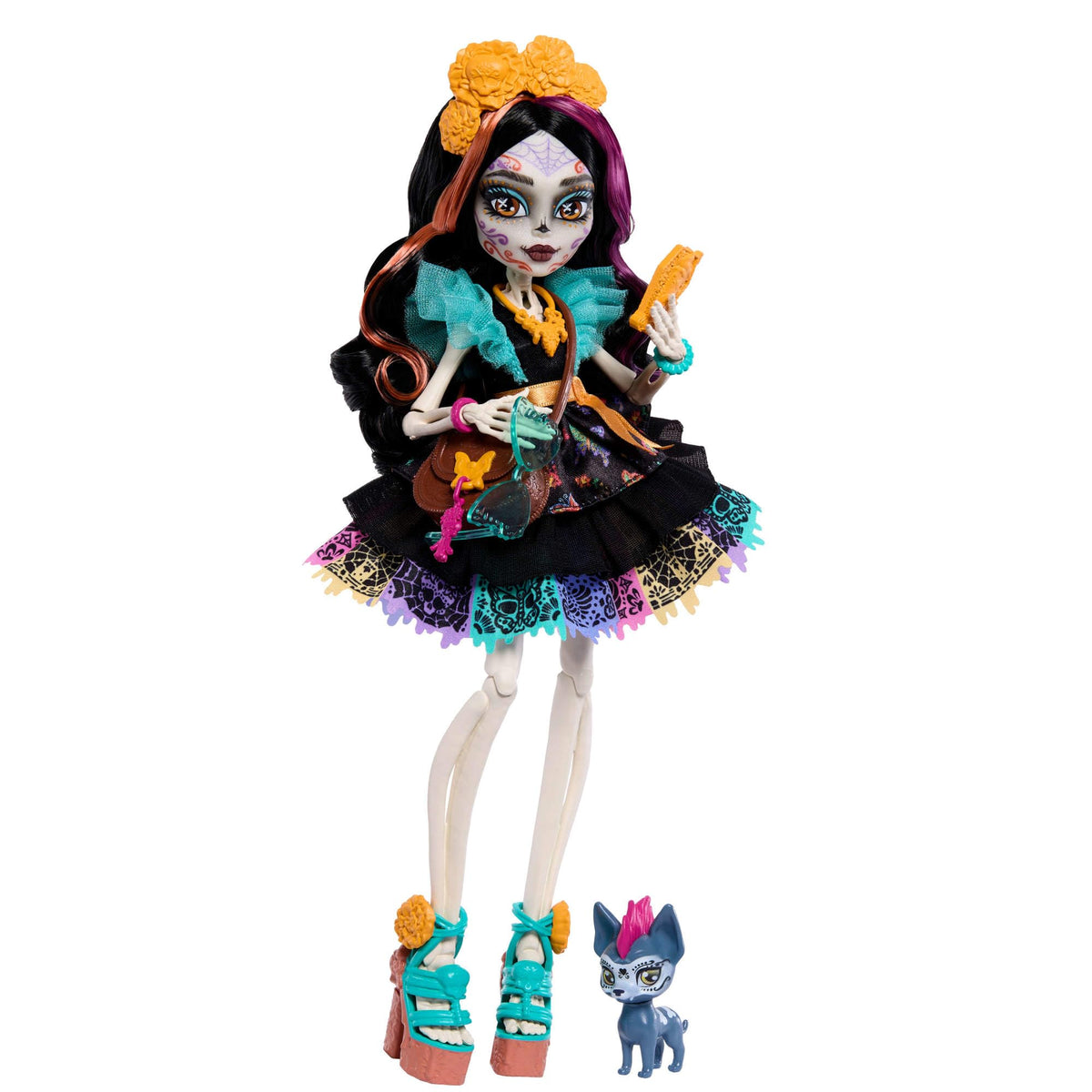 Monster High Skelita Calaveras Doll | Skeleton in Colorful Papel Picado Dress with Pet Dog Candelita & 7 Accessories like Sketch Book, Snack & Messenger Bag