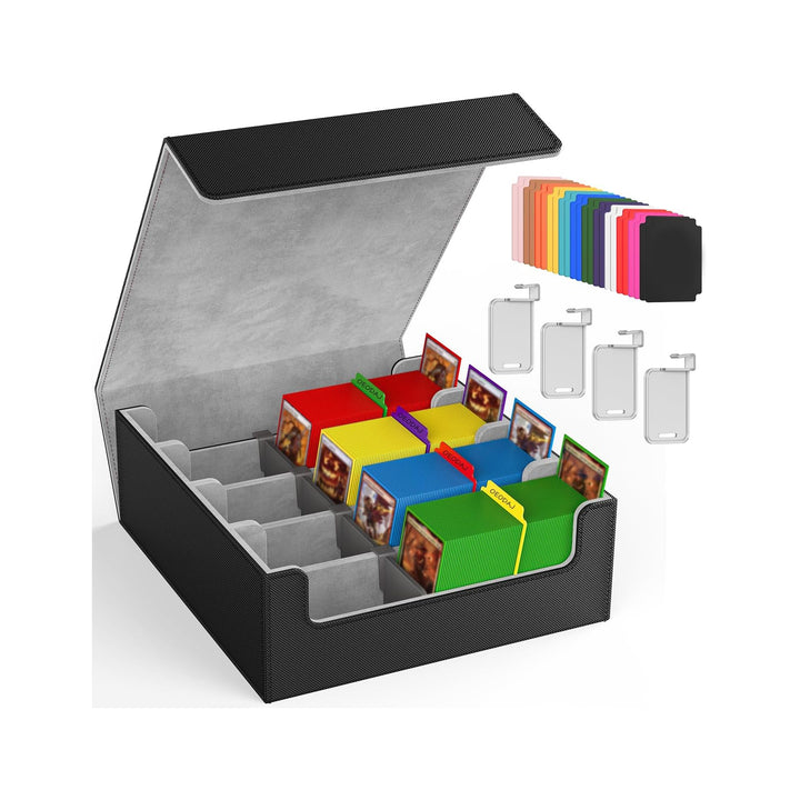 OEODAJ 4 Row Trading Card Storage Box, 3200+ MTG Card Storage, Black & Gray | TCG Card Organizer Box with 24 Colorful Dividers and 4 Stands, Bulk PKM Storage, Deck Case Holder Fits for YuGiOh, Game Cards