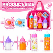 fash n kolor® My Sweet Baby Disappearing Doll Feeding Set, Baby Care 6 Piece Doll Feeding Set - for Toy Stroller | 2 Milk & Juice Bottles with 2 Toy Pacifier for Baby Dolls Set - Kids Gift Set