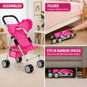 My First Baby Doll Stroller for Kids – Foldable Toy Stroller for 18 Inch Dolls with Storage Basket, Double Wheels & Canopy – Pretend Play Toy Stroller