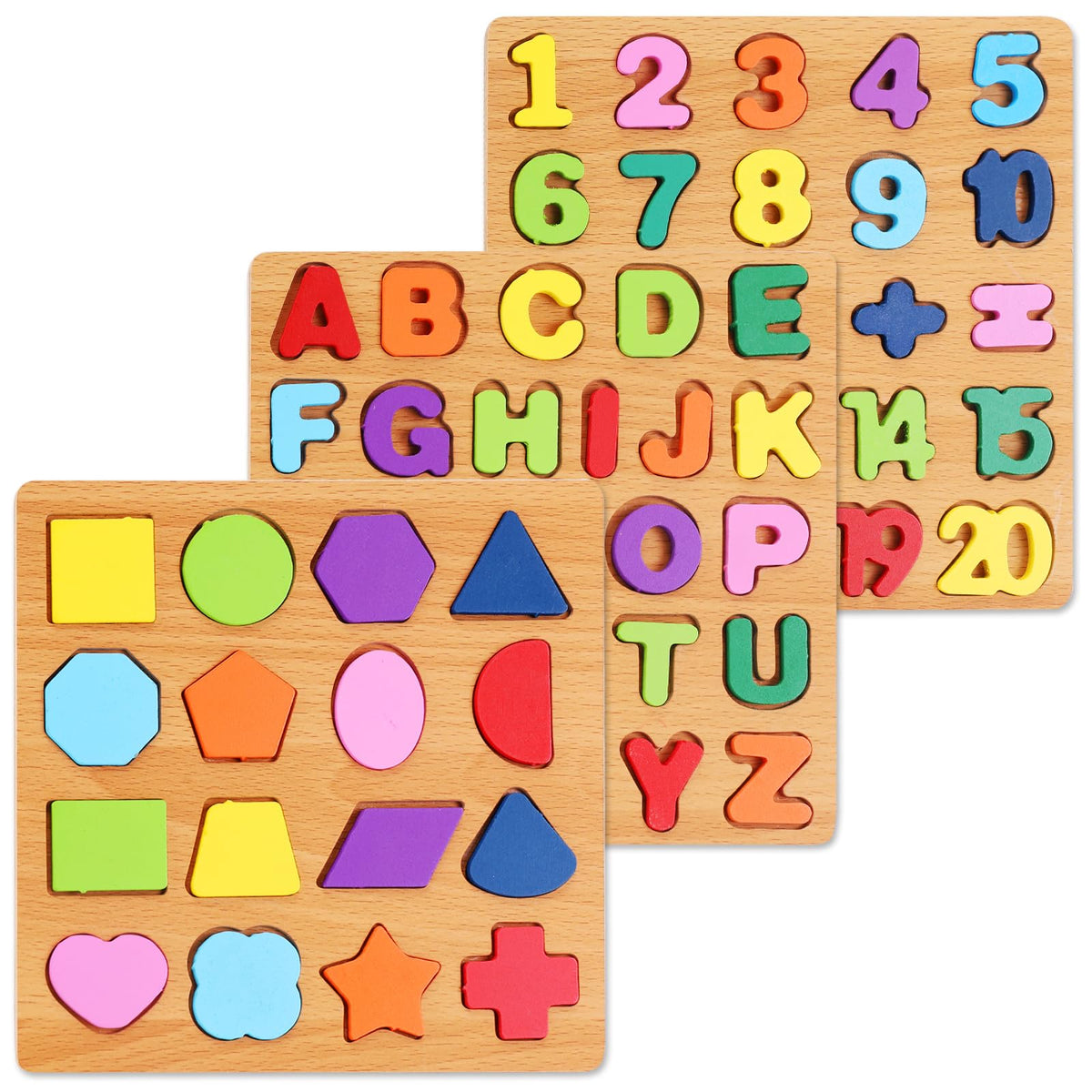 Wooden Puzzles for Kids Ages 3-5, 3 Pack ABC Number and Shape Learning Toys | 3 wooden puzzle board with ABC letters, numbers and colorful shapes for preschool learning, matching and fine motor skills