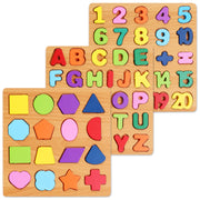 Wooden Puzzles for Kids Ages 3-5, 3 Pack ABC Number and Shape Learning Toys | 3 wooden puzzle board with ABC letters, numbers and colorful shapes for preschool learning, matching and fine motor skills