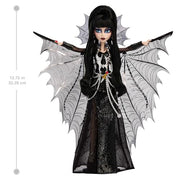 Monster High Skullector Elvira, Mistress of the Dark Doll | Elvira Collectible in Black Faux Leather Dress with Silvery Batwing Cape and Premium Accessories, Doll Stand