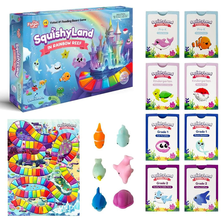 The Fidget Game SquishyLand in Rainbow Reef Board Game, Pre-K to 2nd Grade | Educational & Phonics Kindergarten Learning Activities, Mochi Squishy Toys Set, 2-6 Players