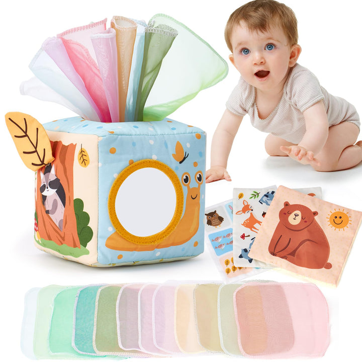 hahaland Baby Tissue Box Toy - 6 Month Old Montessori Baby Toys 6-12 Months | Sensory Pulling Play Scarf Soft Box, Crinkle, Mirror, Tag Babies Gifts Christmas Stocking Stuffers 1 Year Old Birthday Gift