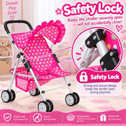 My First Baby Doll Stroller for Kids – Foldable Toy Stroller for 18 Inch Dolls with Storage Basket, Double Wheels & Canopy – Pretend Play Toy Stroller