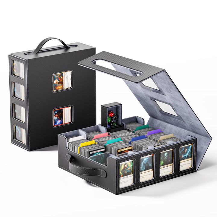 Dufvrpe Trading Card Storage Box, 3500+ MTG Deck Box with Commander Display | All-in-one card storage set with 4 dividers, 30 labels, dice box, acrylic holders, dual displays & lid-secured handle