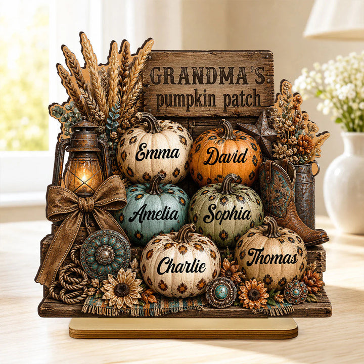 "Grandma's Pumpkin Patch" Custom Wooden Plaque - Personalized Western Leopard Pumpkin Decor Gift for Her
